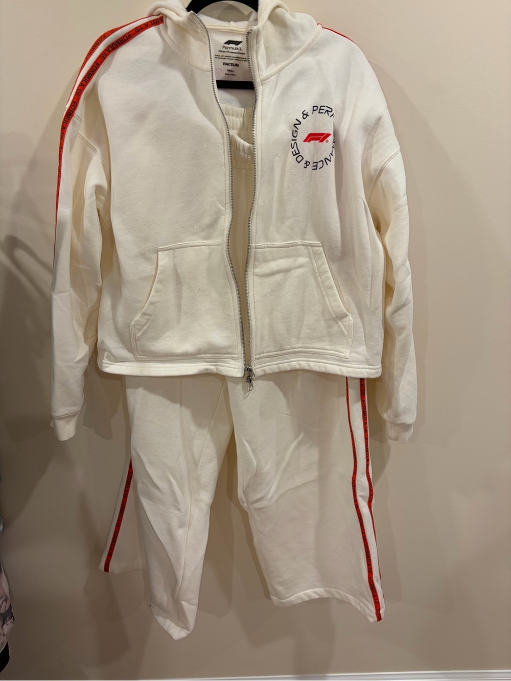 Pacsun F1 Cream Zip-Up Jacket & Joggers Set Size M pants and S Hoodie (fits M)